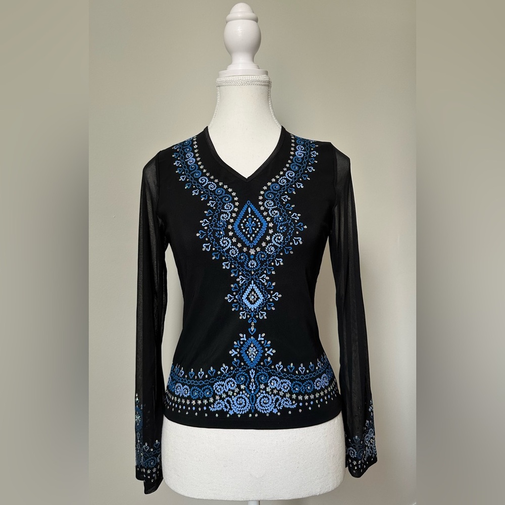 TEAM U.S.A. Vintage Y2K Blue Sparkly Grunge Figure Skating Long Sleeve‎ Size L